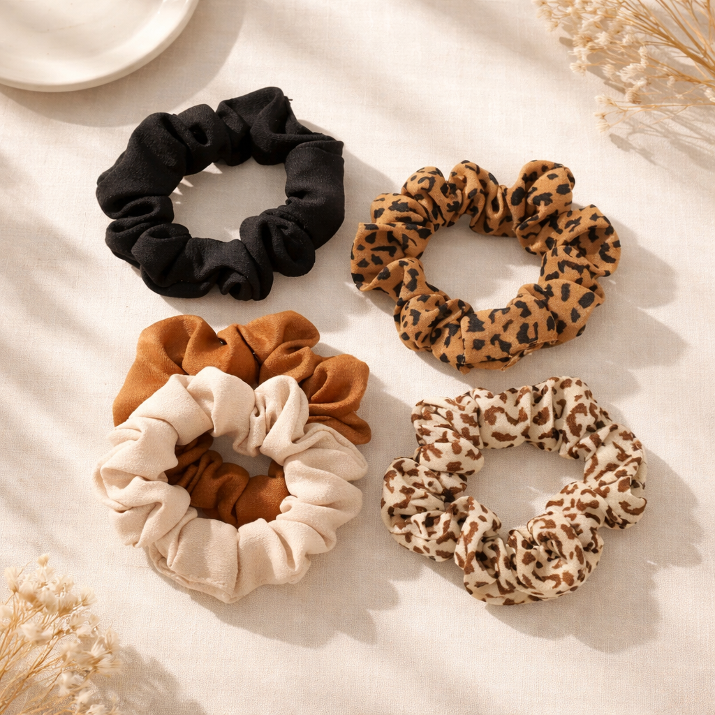 Scrunchie-setti 4 kpl – Musta, Beige, Ruskea & Leopardi