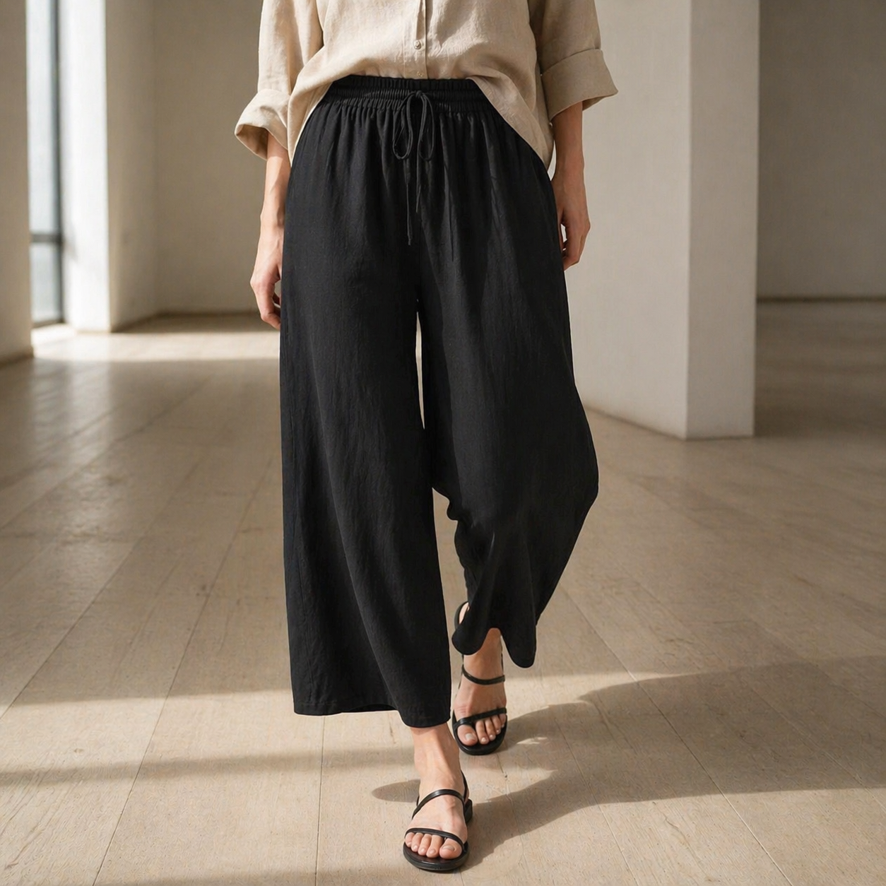 Soft Flow Cotton Pants – musta