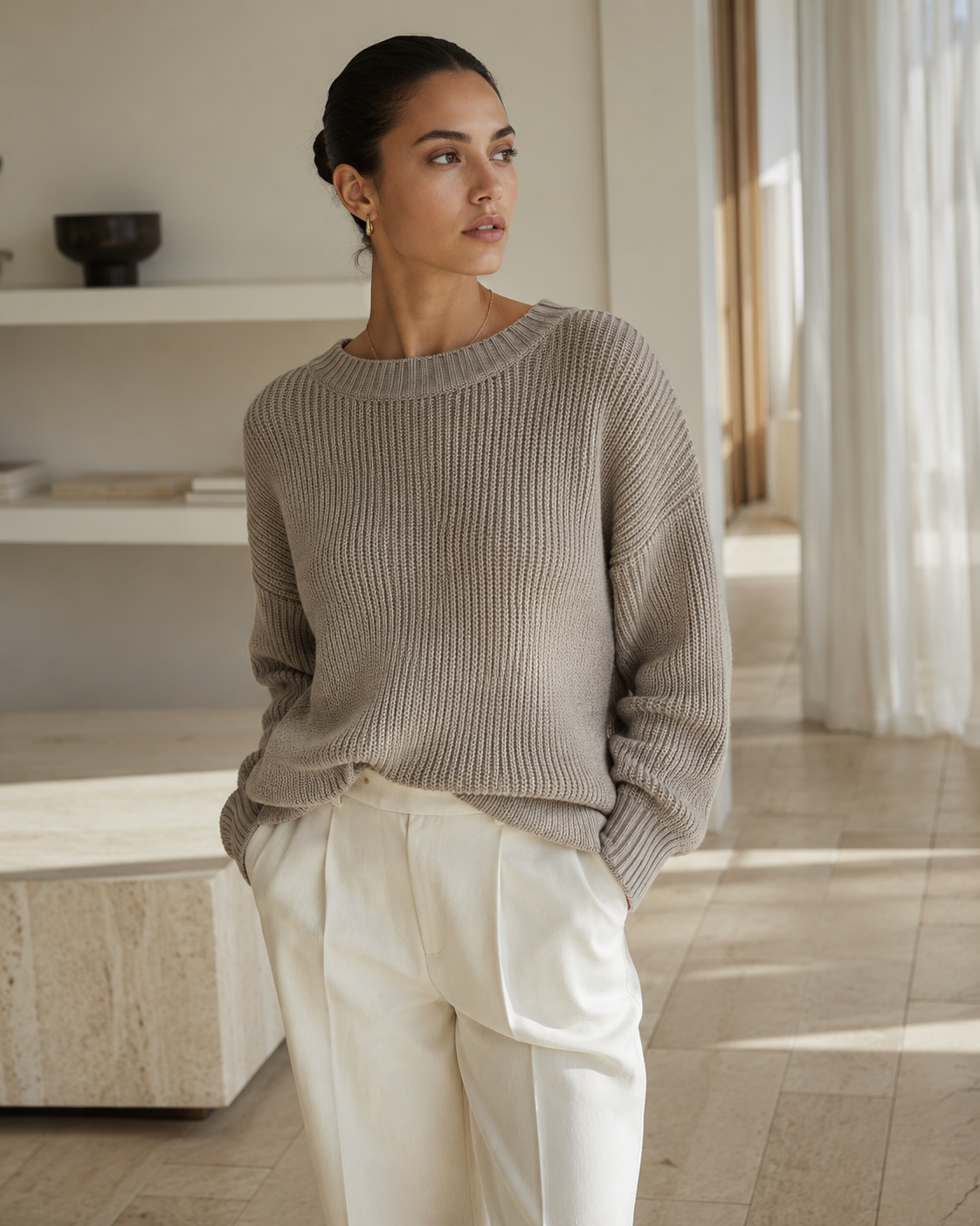 Oversized Knit Sweater – Greige M