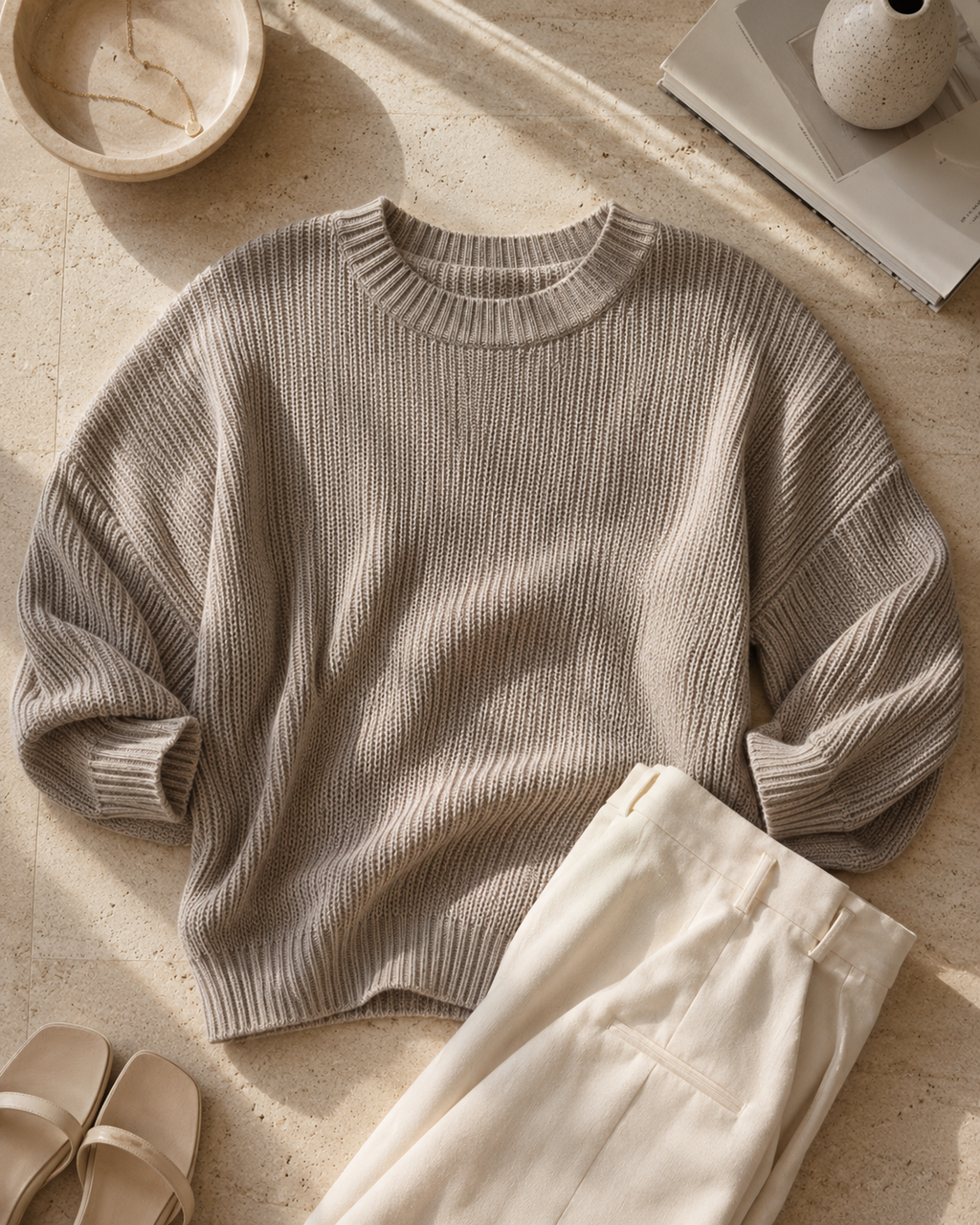 Oversized Knit Sweater – Greige M
