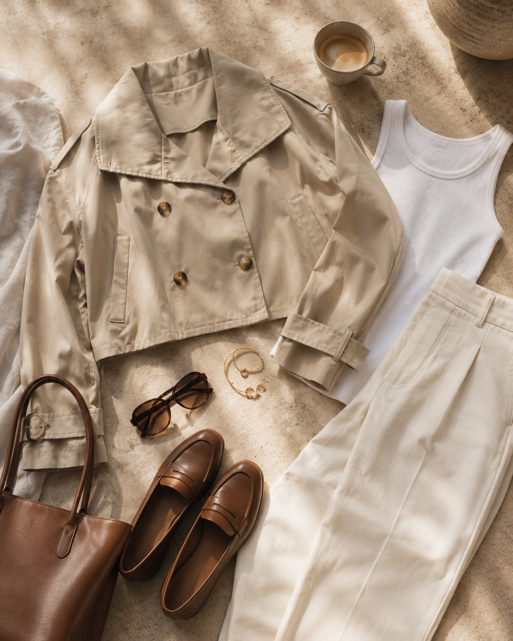 Beige Cropped Trench Jacket