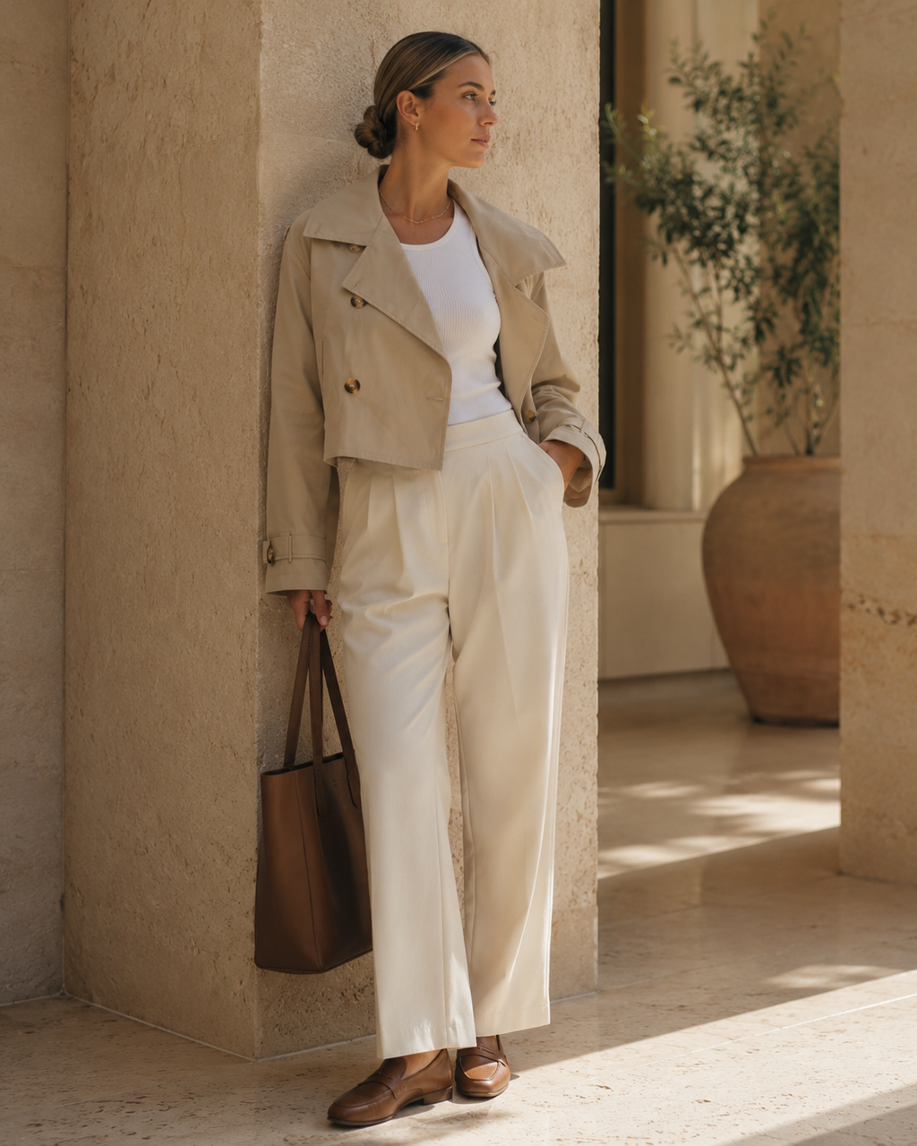 Beige Cropped Trench Jacket