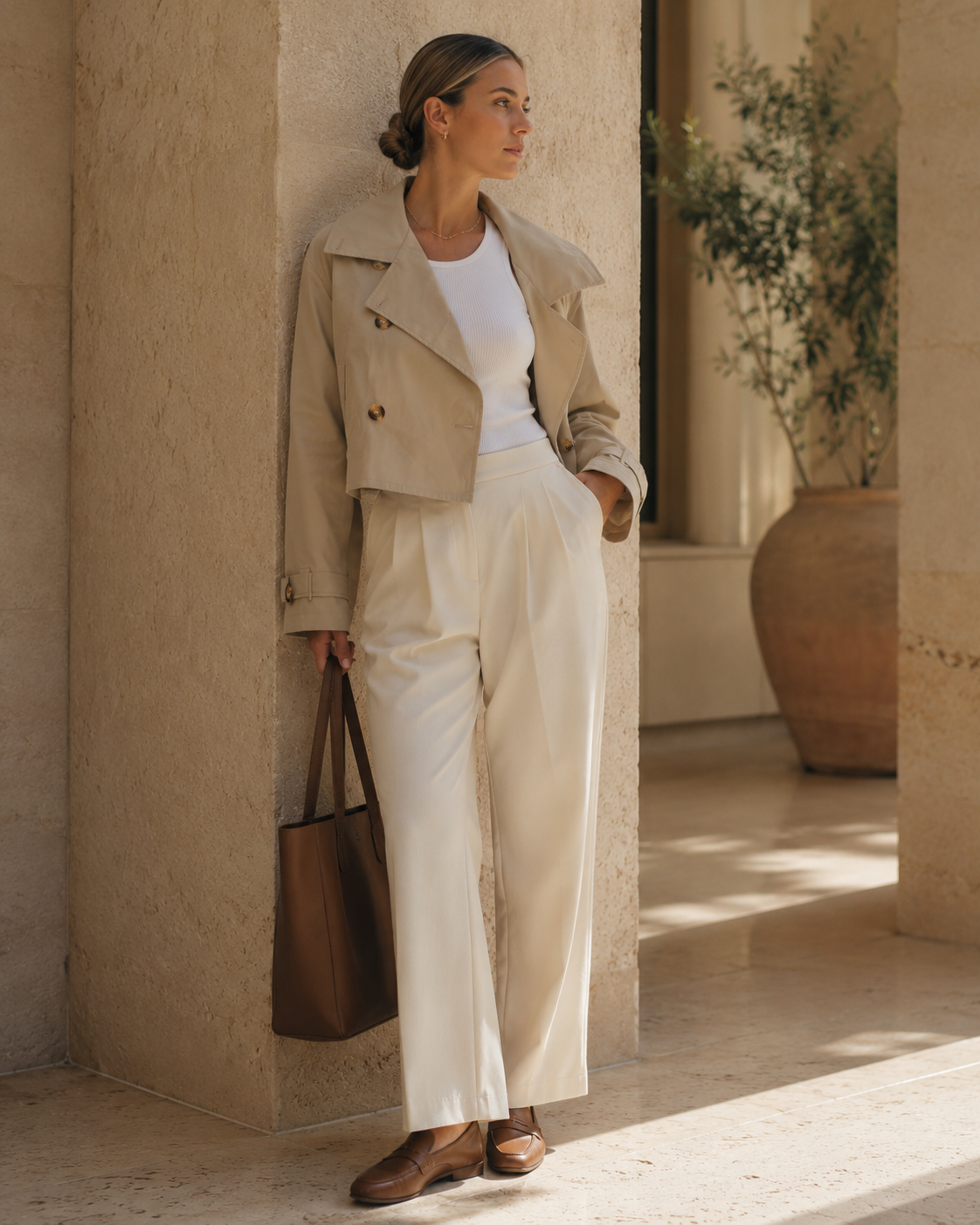 Beige Cropped Trench Jacket