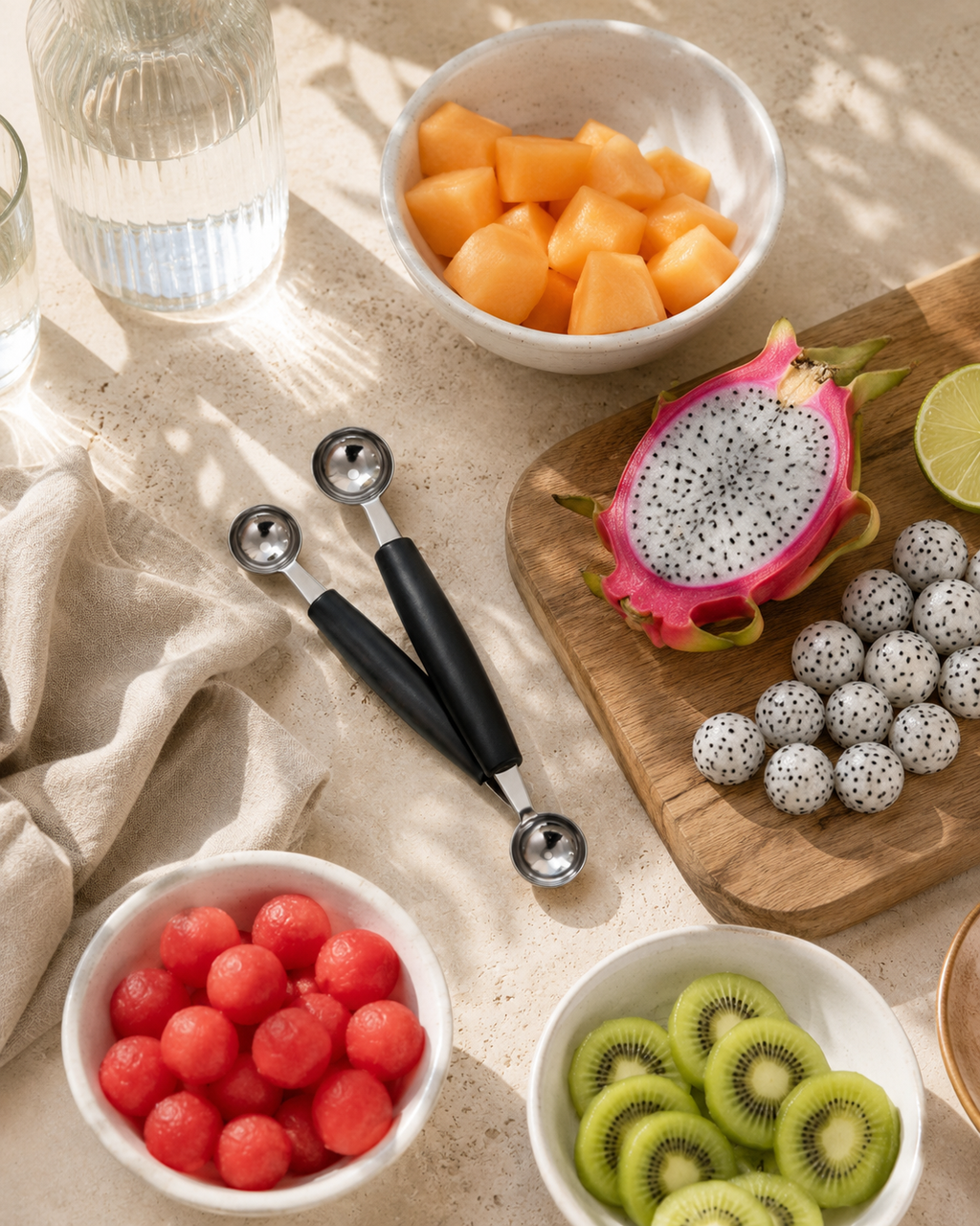 Melon Ball Scoop Set käytössä hedelmäasetelman valmistuksessa