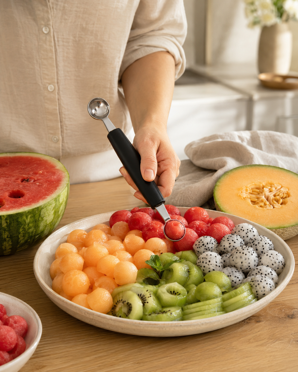 Melon Ball Scoop Set aseteltuna hedelmien kanssa