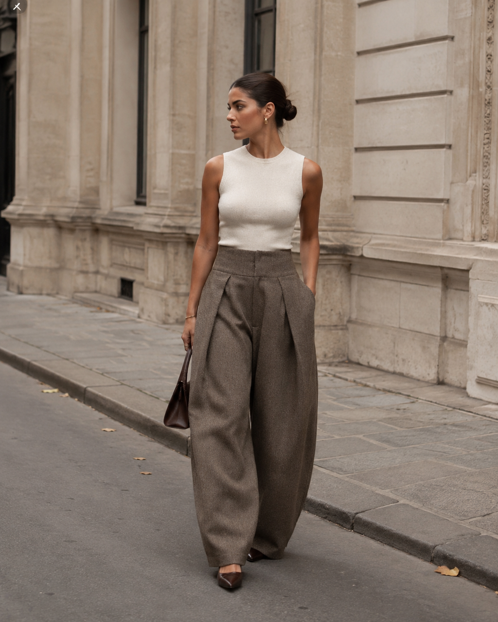 Copenhagen Herringbone Wide-Leg Trousers – Brown