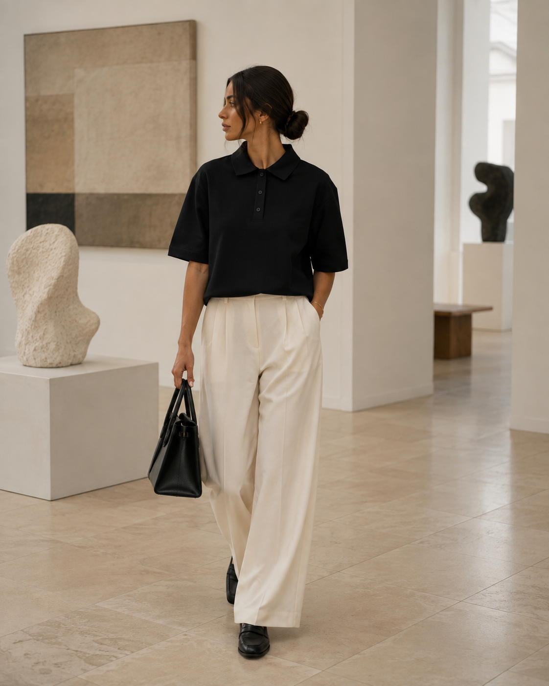 Nainen kävelee galleriassa mustassa Boxy Polo Tee -paidassa ja kermanvalkoisissa housuissa