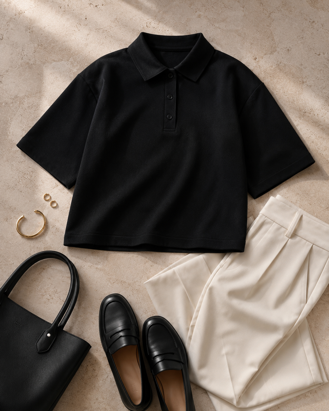 Boxy Polo Tee – Black flatlay asusteiden kanssa