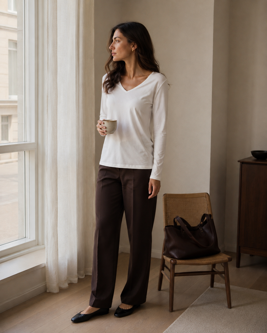 Soft V-Neck Long Sleeve – White M