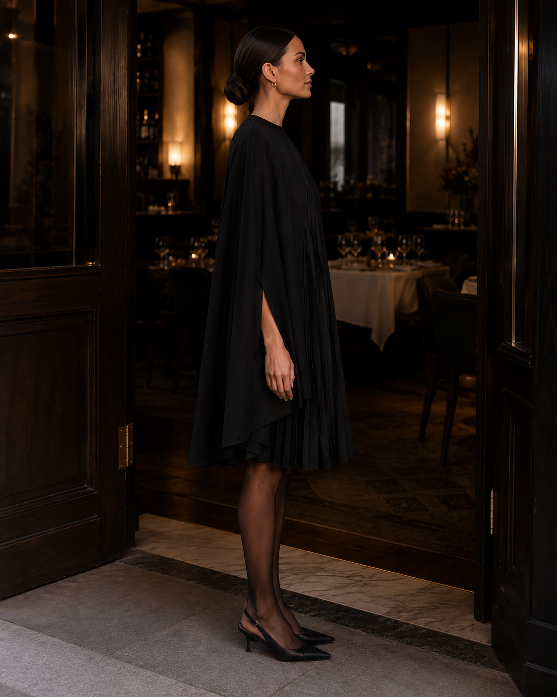 Pleated Cape Dress – Black S
