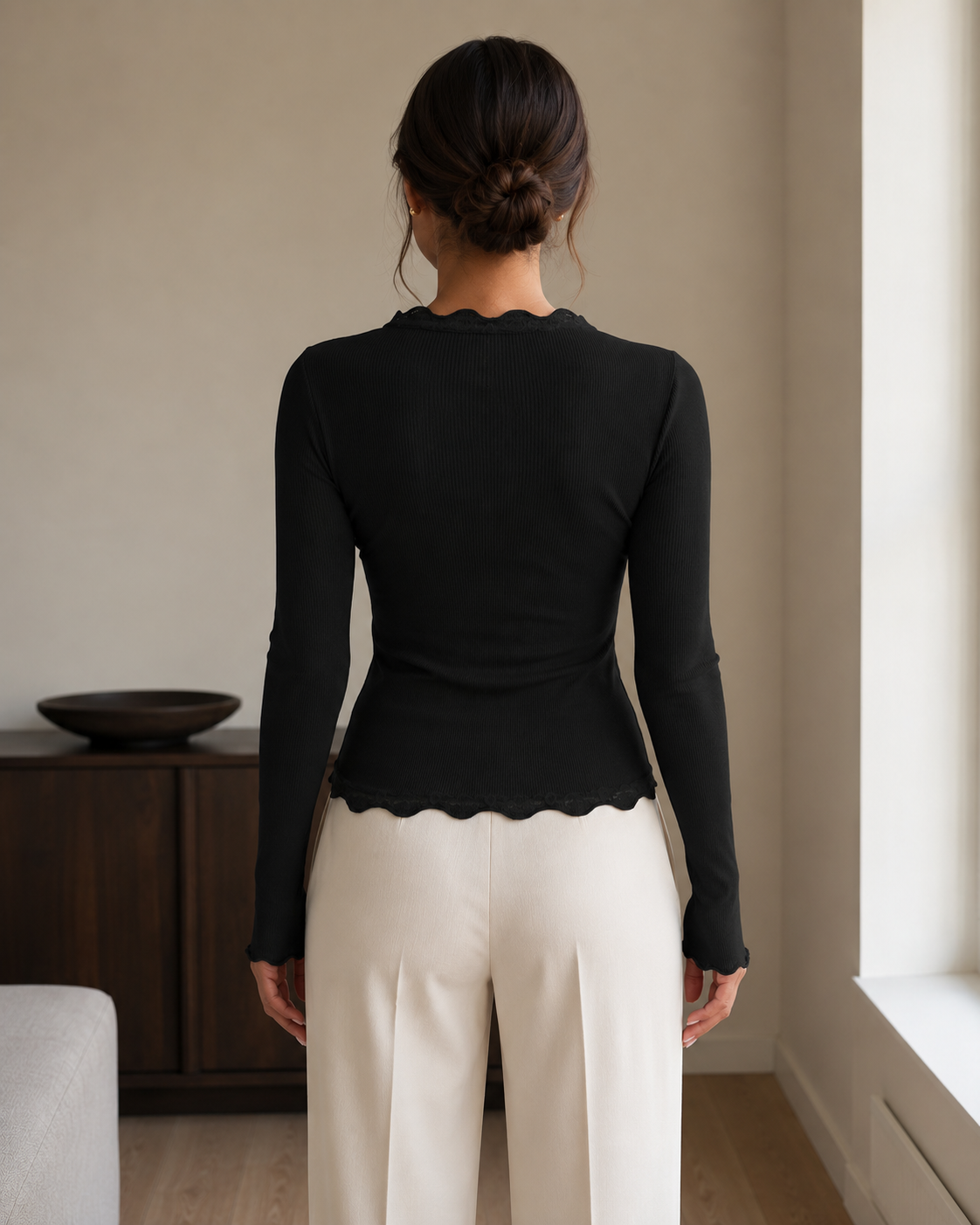 Lace Trim Rib Top – Black