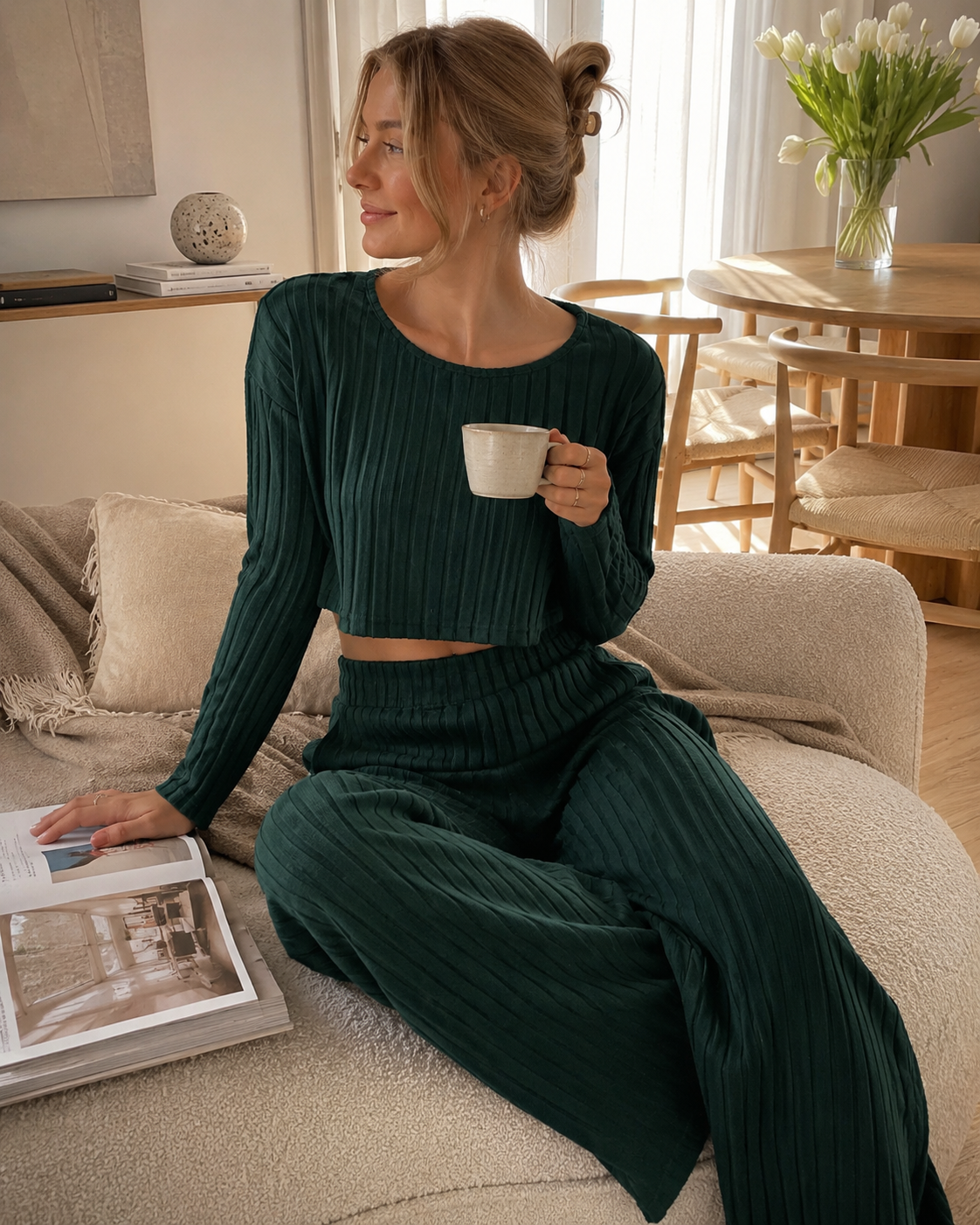 Tummanvihreä Ribbed Lounge Set L