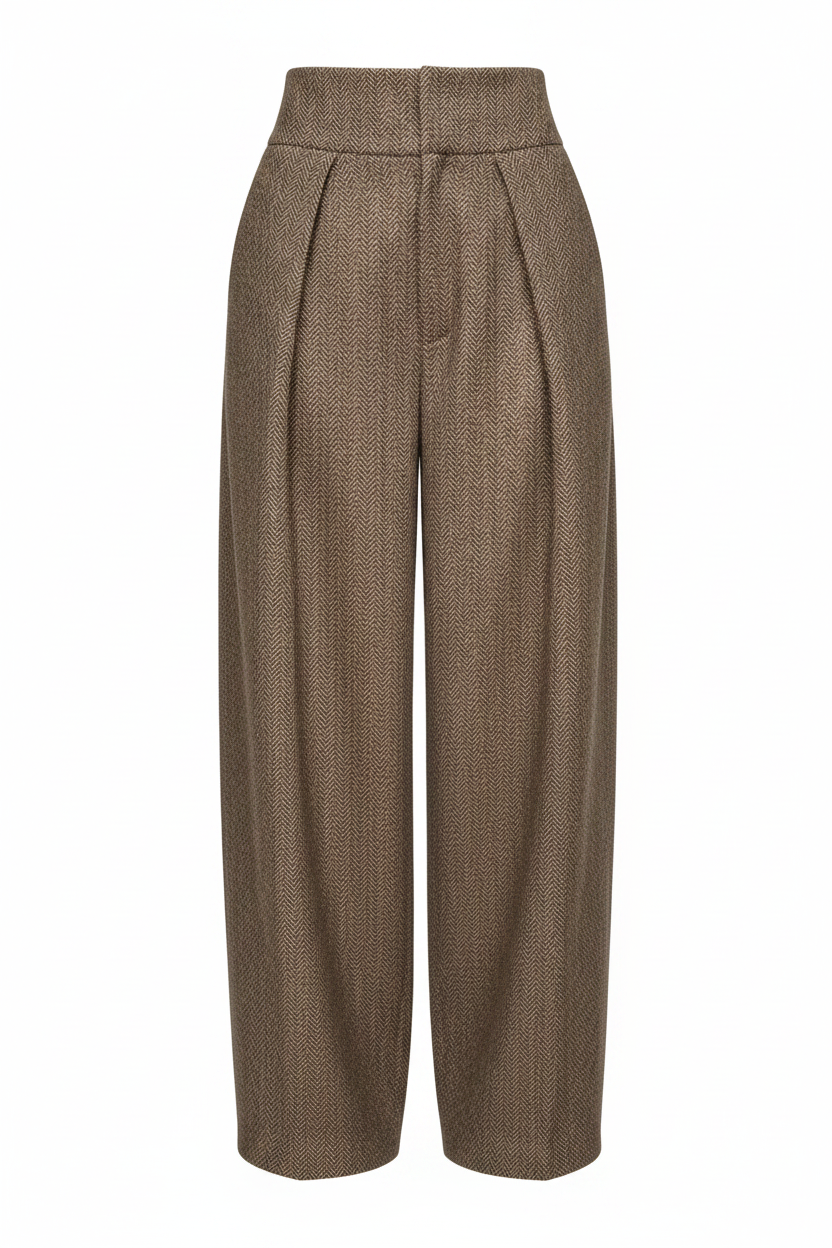 Copenhagen Herringbone Wide-Leg Trousers – Brown