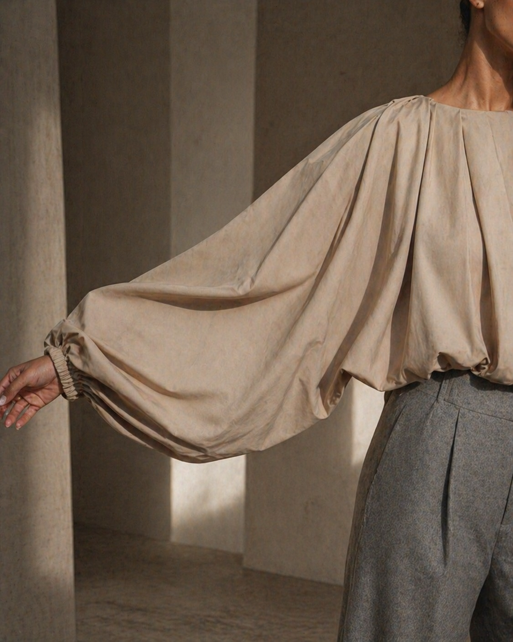 Draped Volume Blouse – Soft Beige