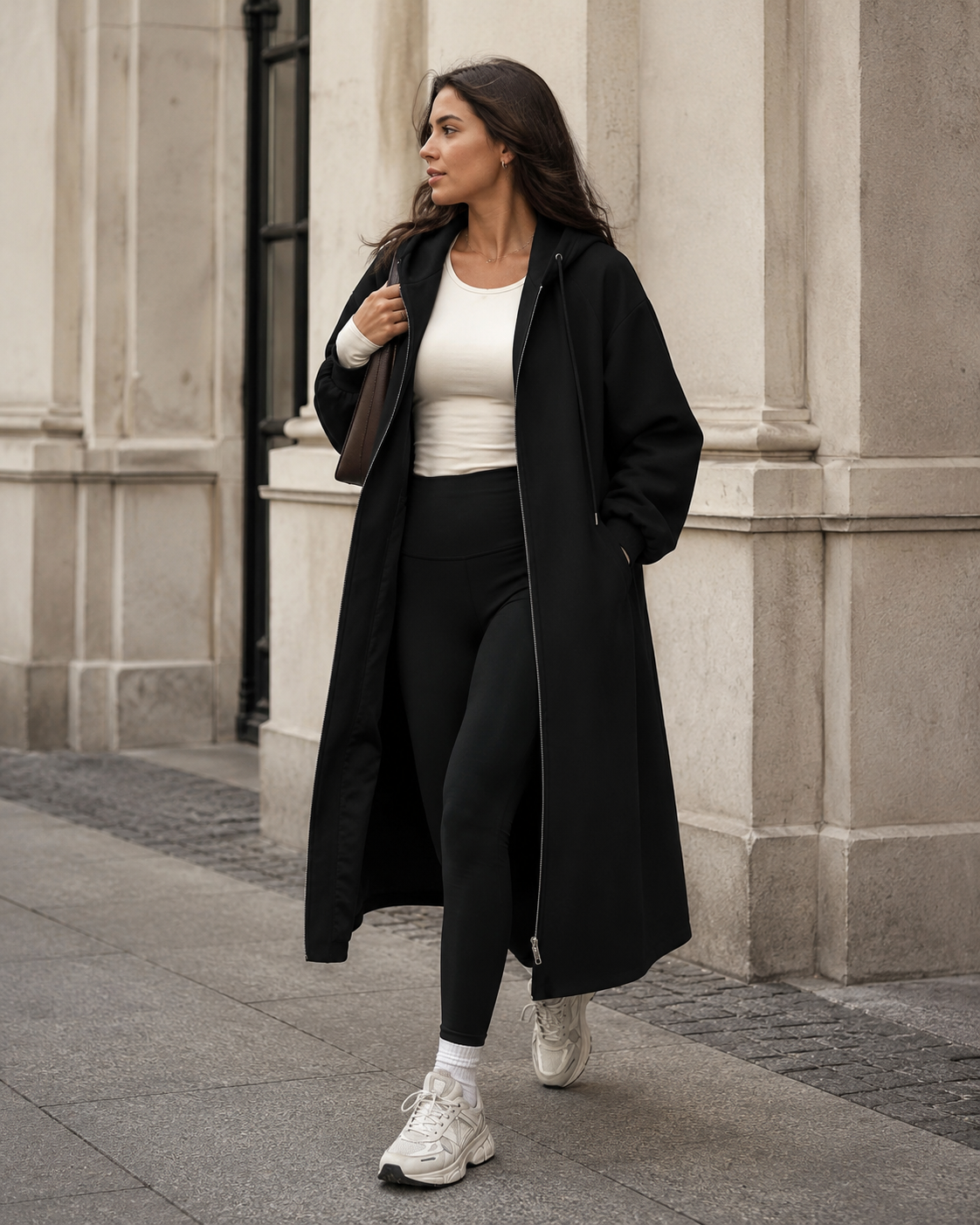 Long Hooded Zip Coat – Black
