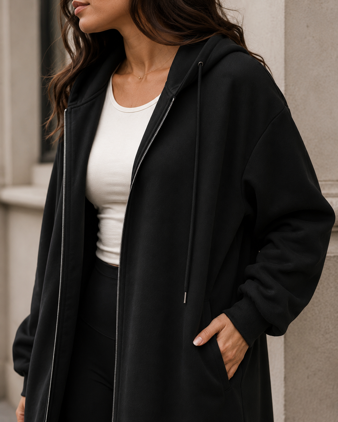 Long Hooded Zip Coat – Black
