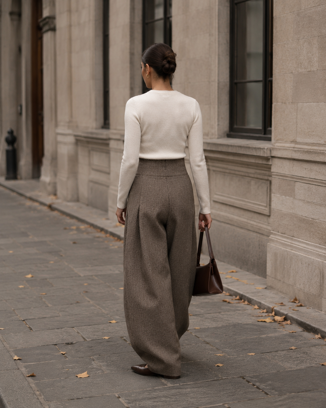Copenhagen Herringbone Wide-Leg Trousers – Brown