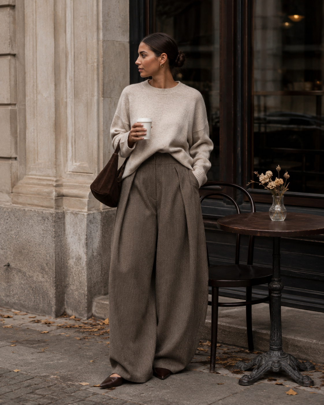 Copenhagen Herringbone Wide-Leg Trousers – Brown