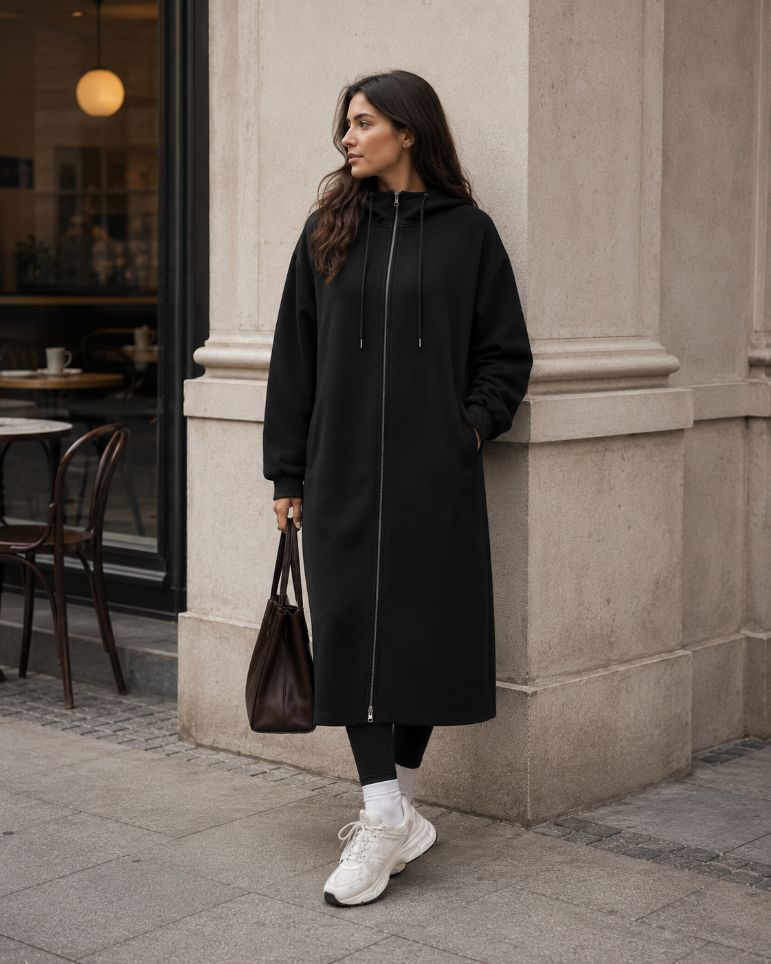 Long Hooded Zip Coat – Black