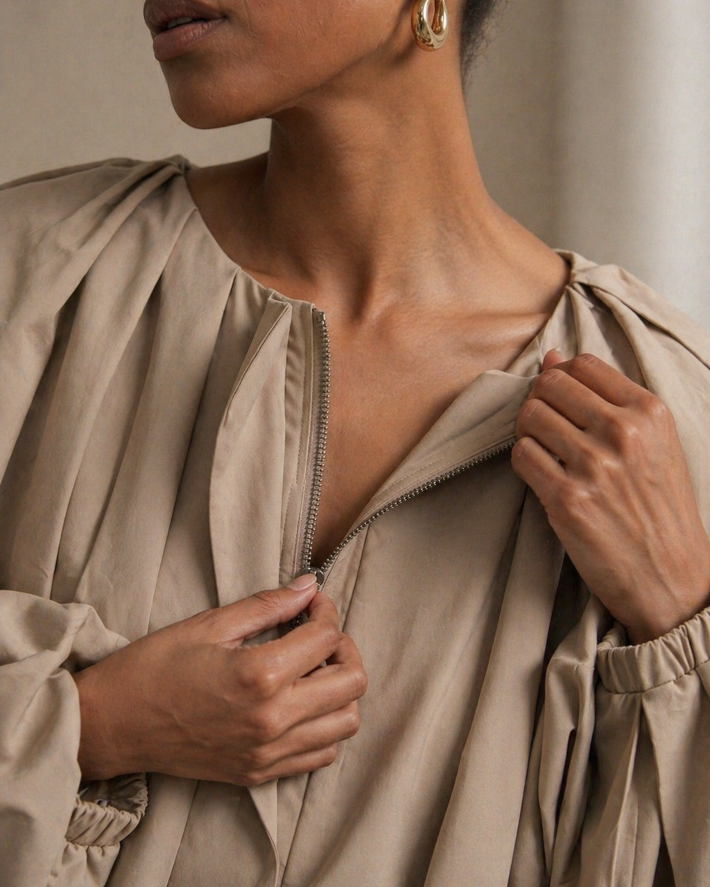 Draped Volume Blouse – Soft Beige