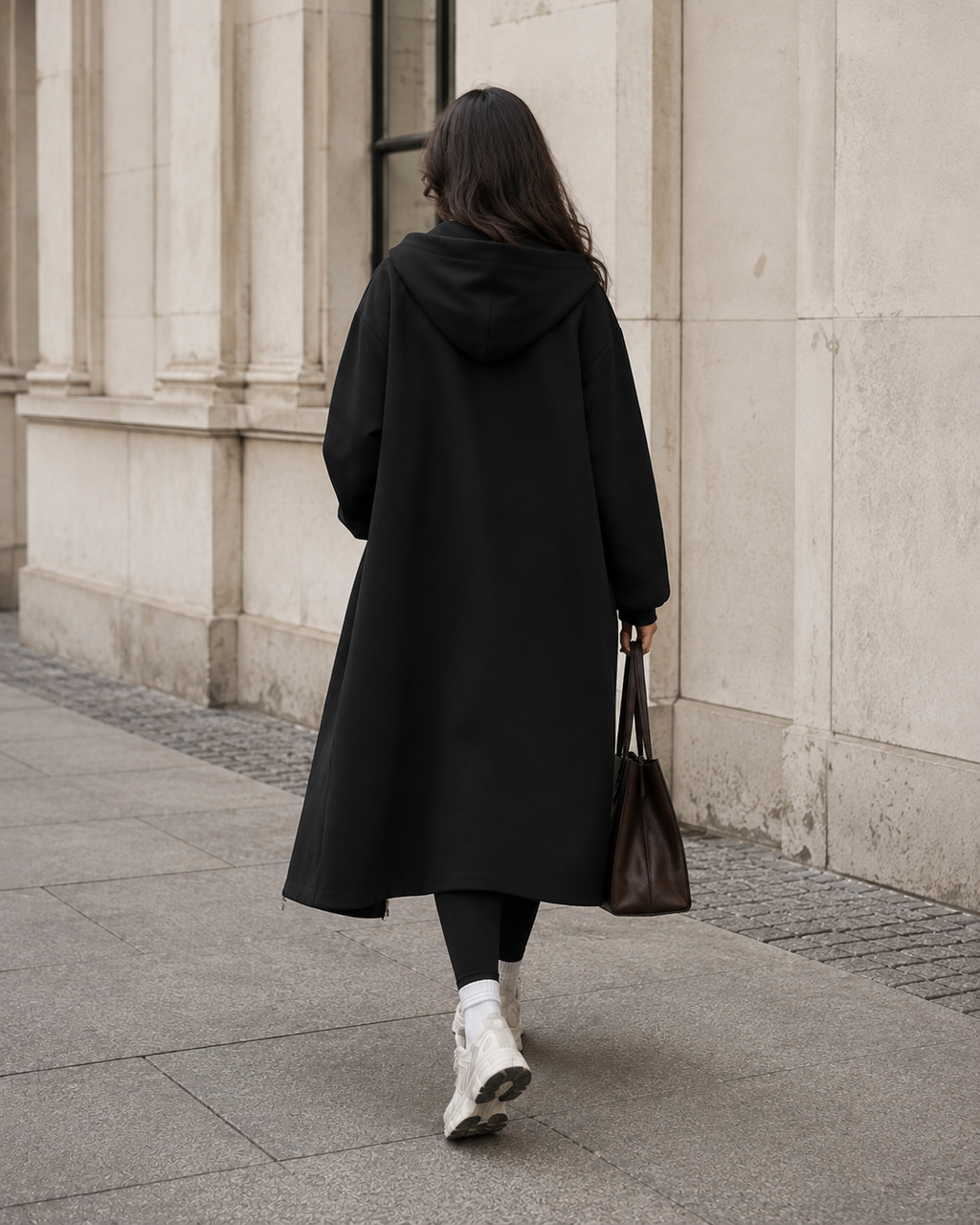 Long Hooded Zip Coat – Black